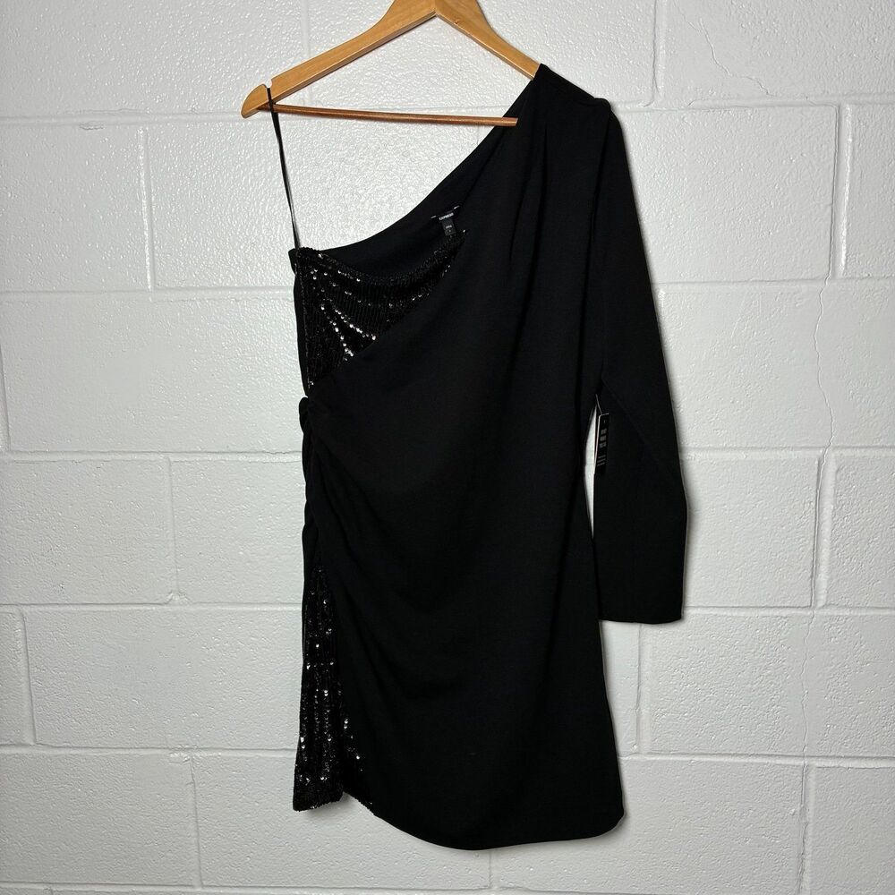 Express black sequin one shoulder asymmetric dress
